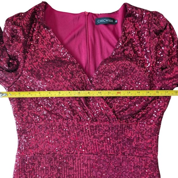 Chicwish | Elbow Sleeve Ruffle Sequined Gown | Burgundy | XL - Picture 15 of 15
